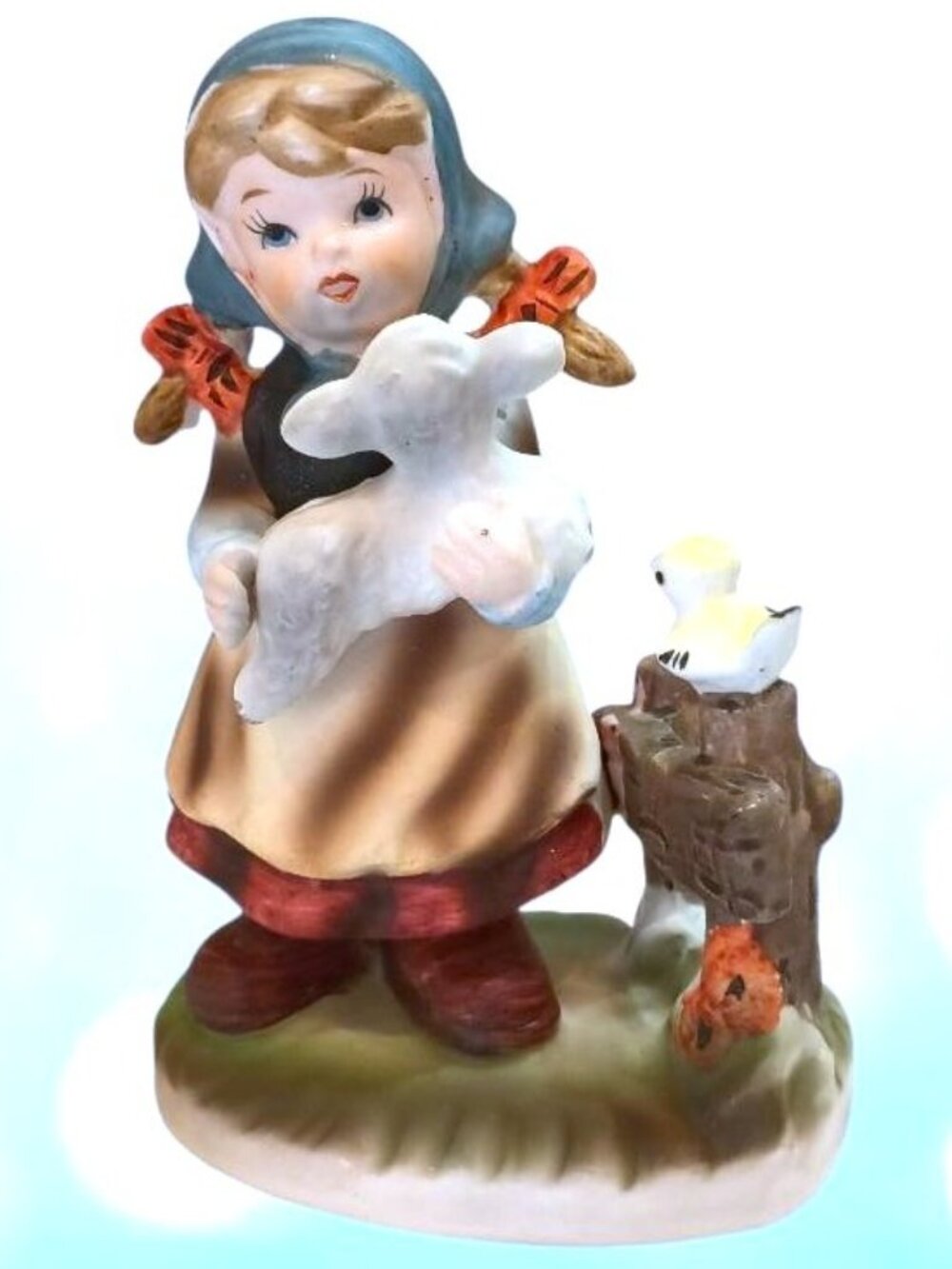 Vintage Flambro 22-1 Girl Holding Lamb Bird Porcelain Figurine Hummel Like 1970s